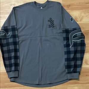 Disney Gray Long Sleeve Jersey with Black Plaid Sleeves